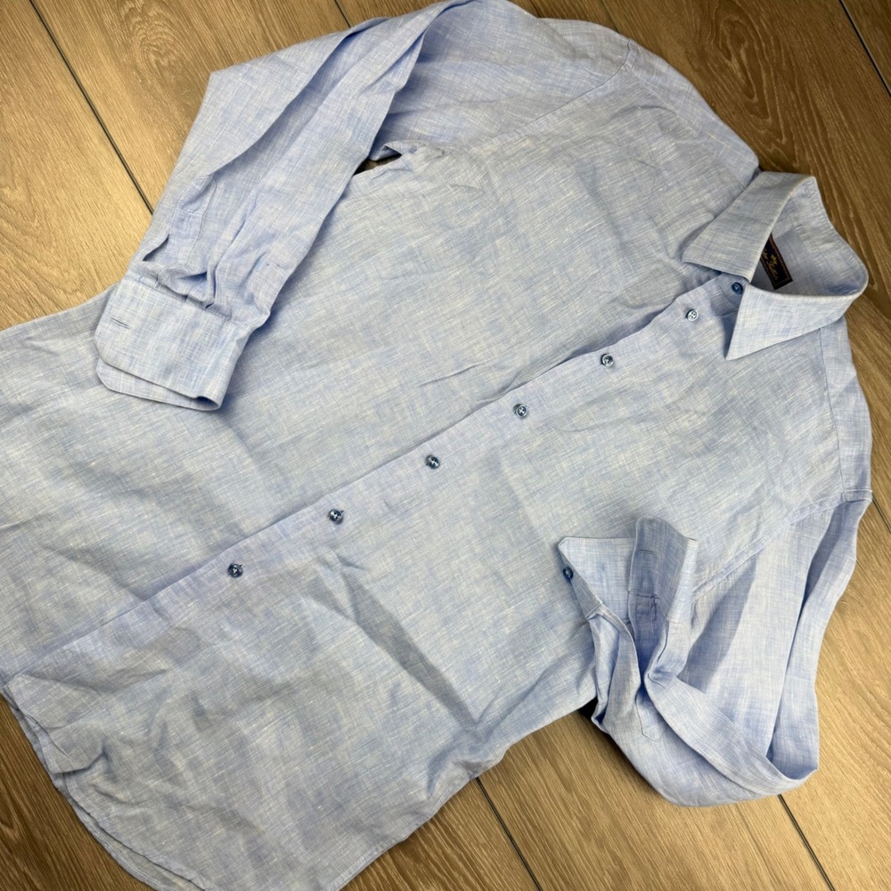 Victor Talbots Mens Button Down Shirt 100% Linen Made in Italy Blue 16/41